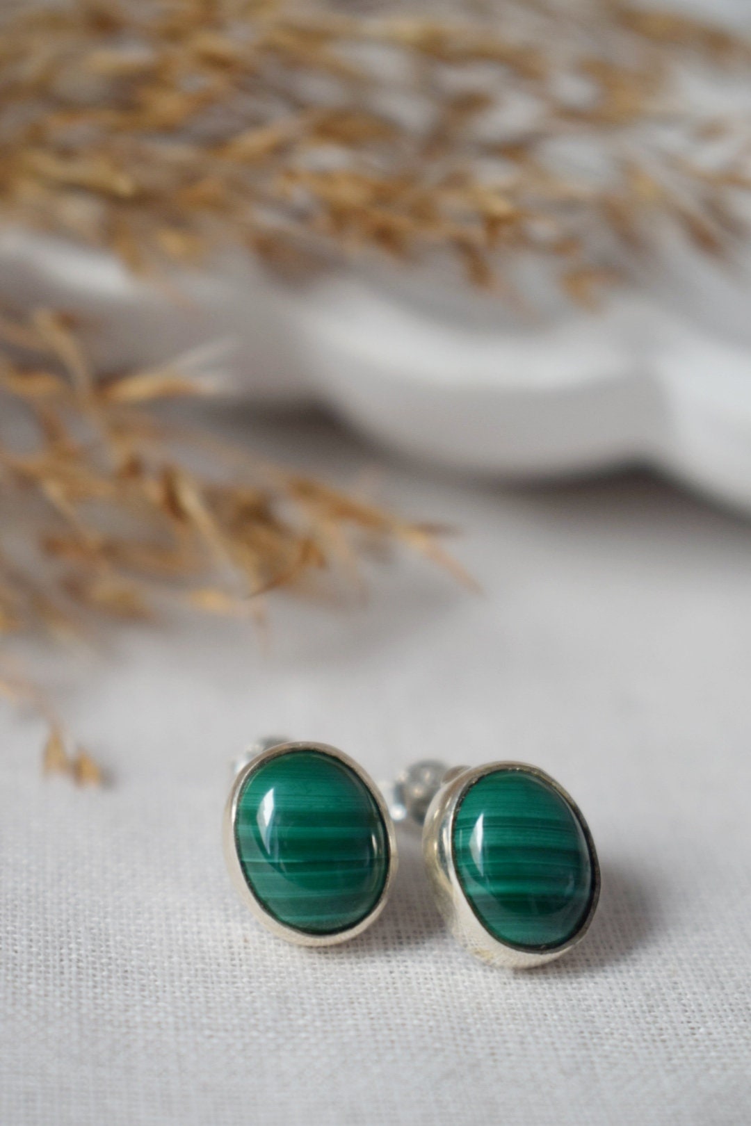 Christmas jewelry gifts, Malachite Stud Earrings, Green Gemstone, Sterling Silver Minimalist Jewelry, Natural stone, Birthstone, Gift For Women