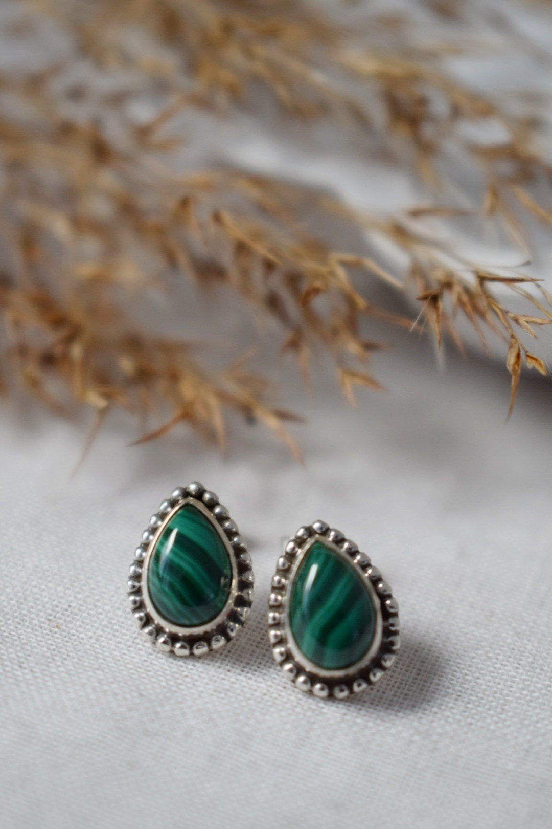 Teardrop Malachite Stud Earrings in 925 Sterling Silver, Small Drop Gemstone, Natural stone, Green Boho Jewelry, Valentine's Gift For Her