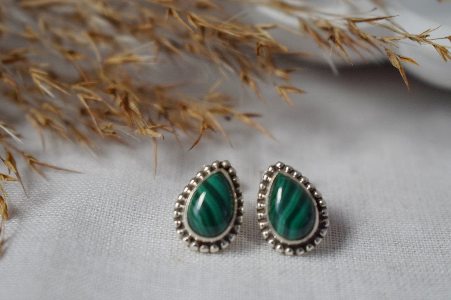 Teardrop Malachite Stud Earrings in 925 Sterling Silver, Small Drop Gemstone, Natural stone, Green Boho Jewelry, Valentine's Gift For Her