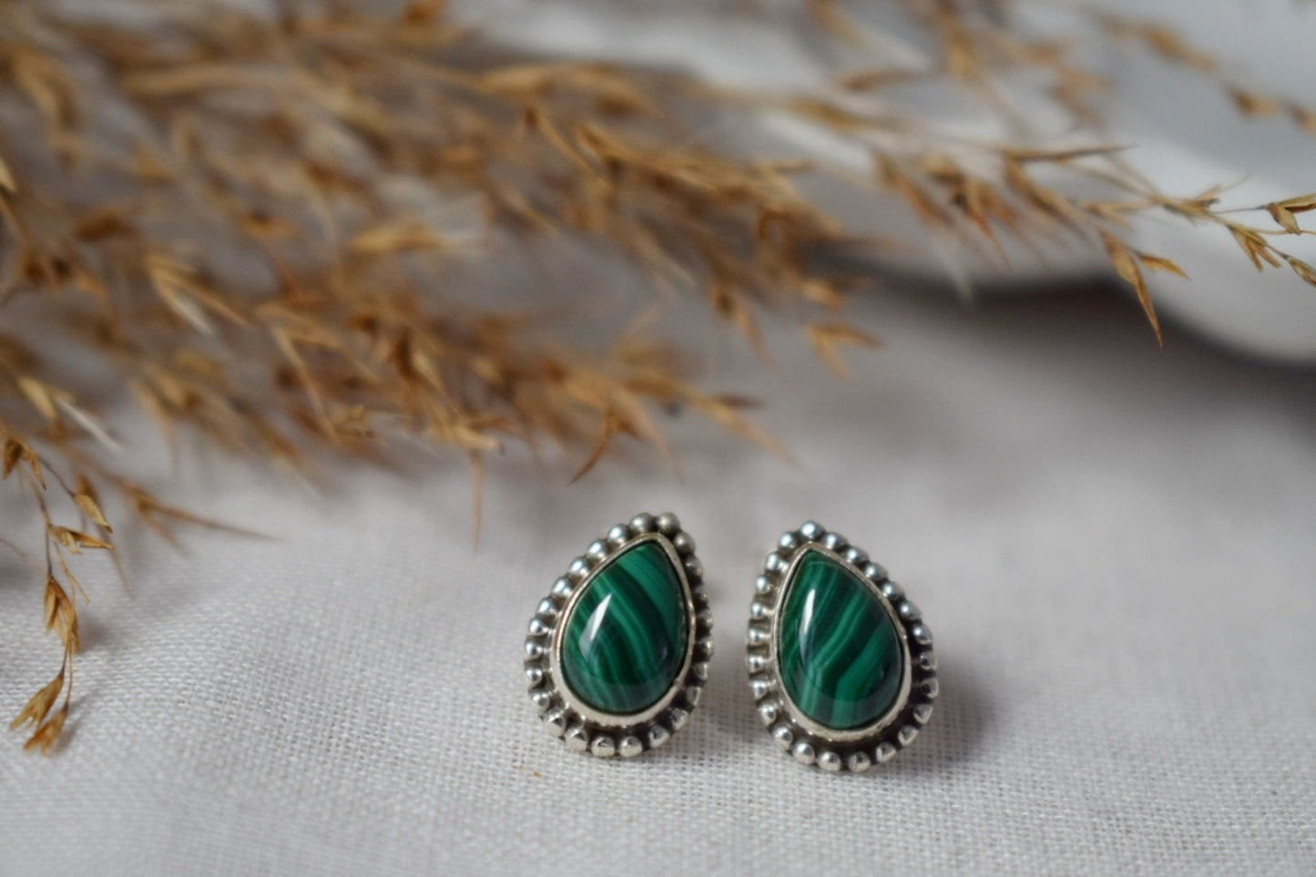 Teardrop Malachite Stud Earrings in 925 Sterling Silver, Small Drop Gemstone, Natural stone, Green Boho Jewelry, Valentine's Gift For Her
