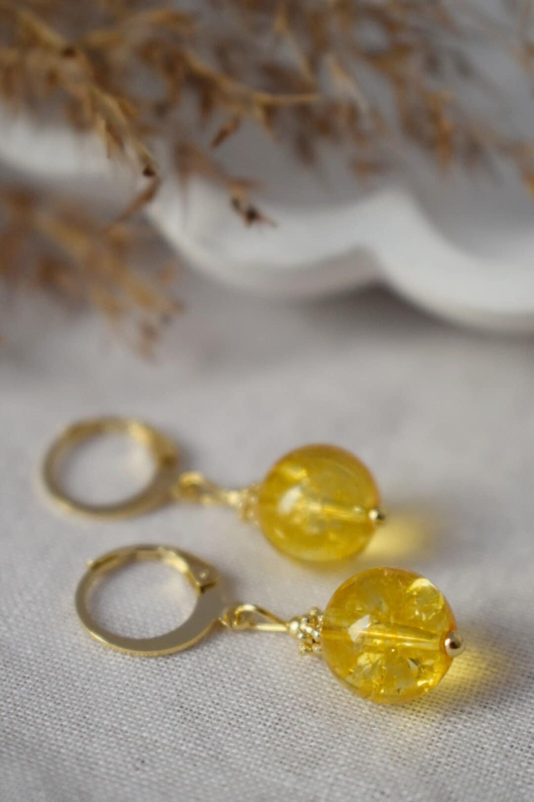 Citrine bead earrings, Gemstone gold huggie hoop earrings, Yellow pearl earrings, November birthstone earrings, Citrine jewelry, Gift her