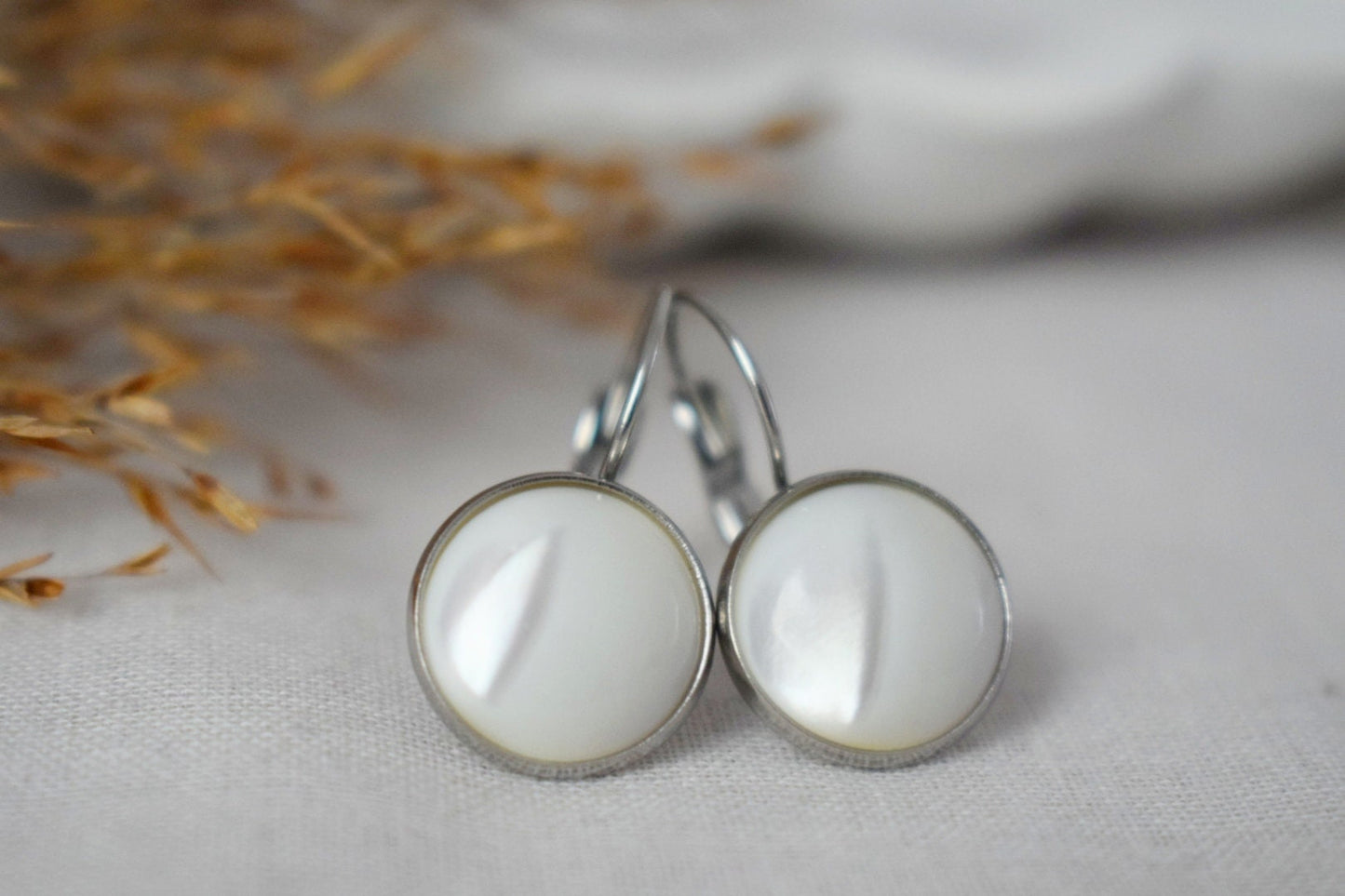 Mother of pearl earrings dangle, 12mm round lever back stainless steel earrings, Shell jewelry, Best unique Gift, Mother's day gift