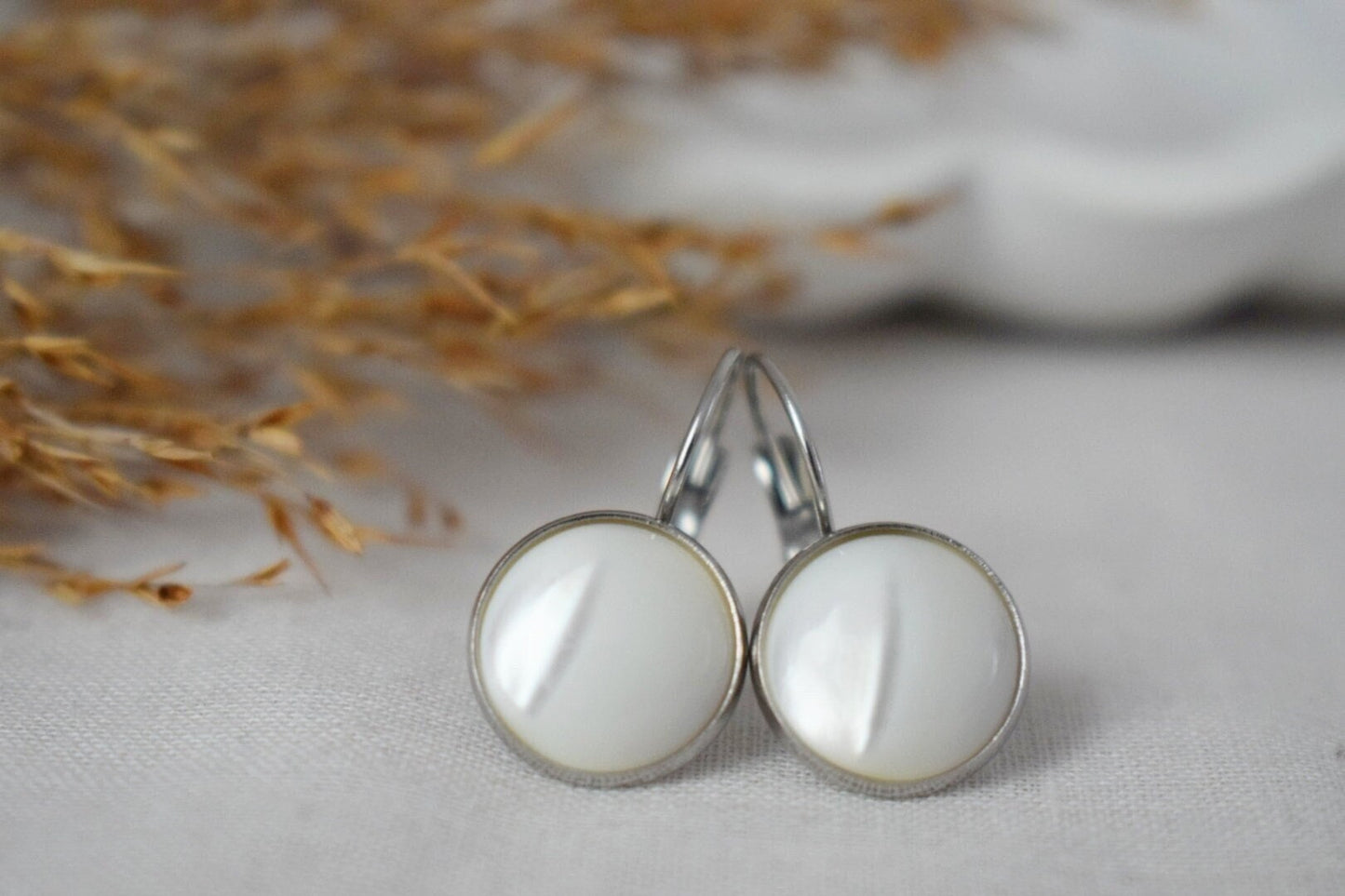 Mother of pearl earrings dangle, 12mm round lever back stainless steel earrings, Shell jewelry, Best unique Gift, Mother's day gift