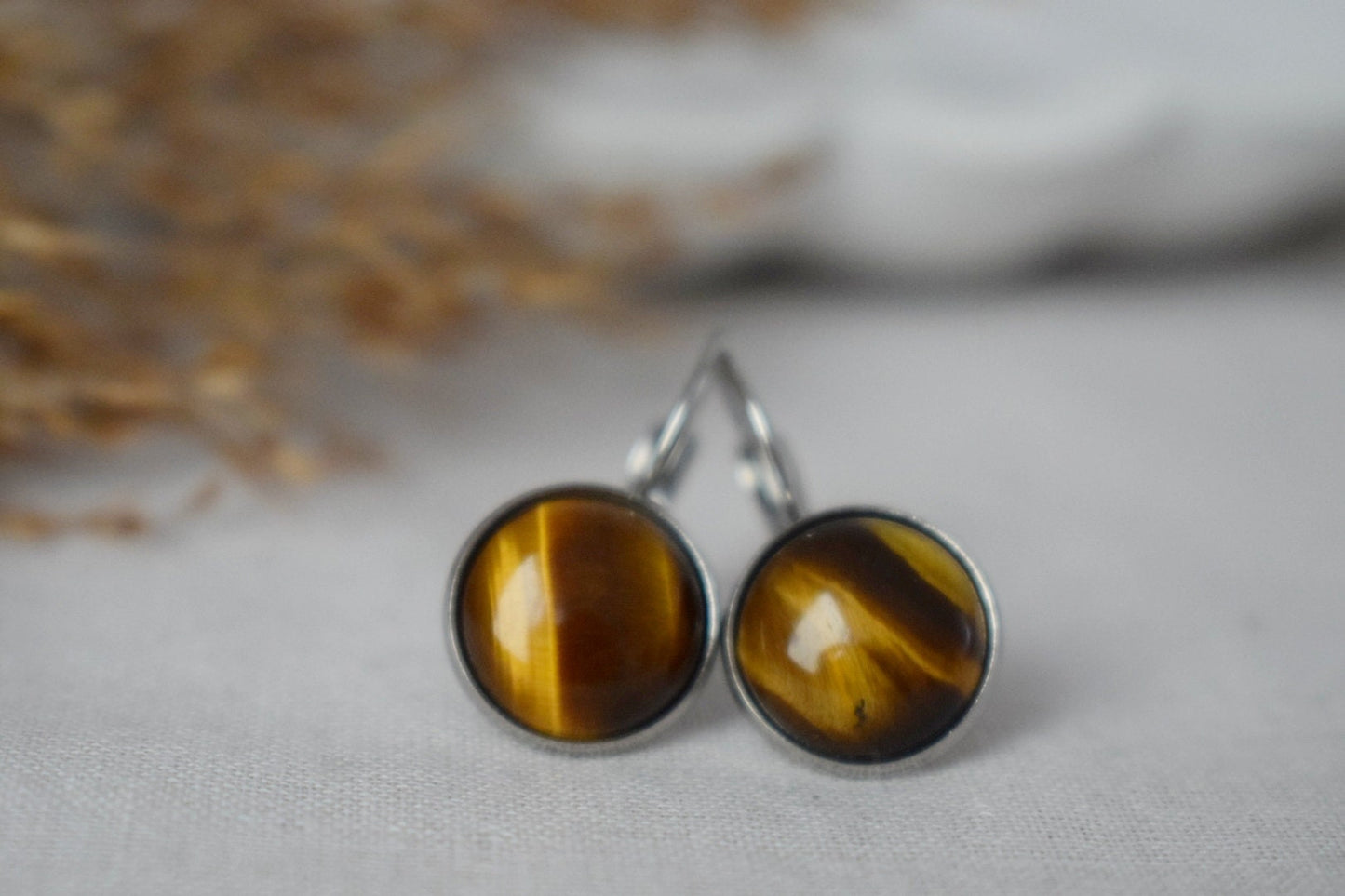 Tigers eye dangle earrings with 12mm round stainless steel lever back earrings, Gemstone jewelry gift for her, Best mother's day gift