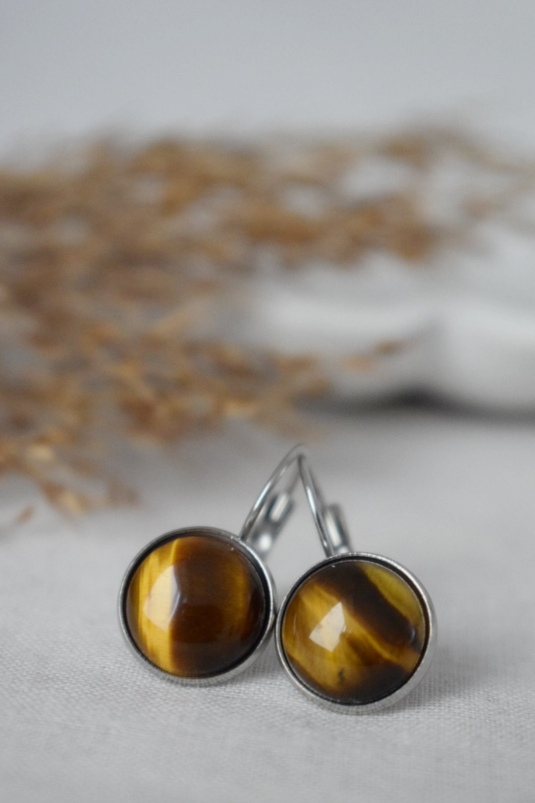 Tigers eye dangle earrings with 12mm round stainless steel lever back earrings, Gemstone jewelry gift for her, Best mother's day gift
