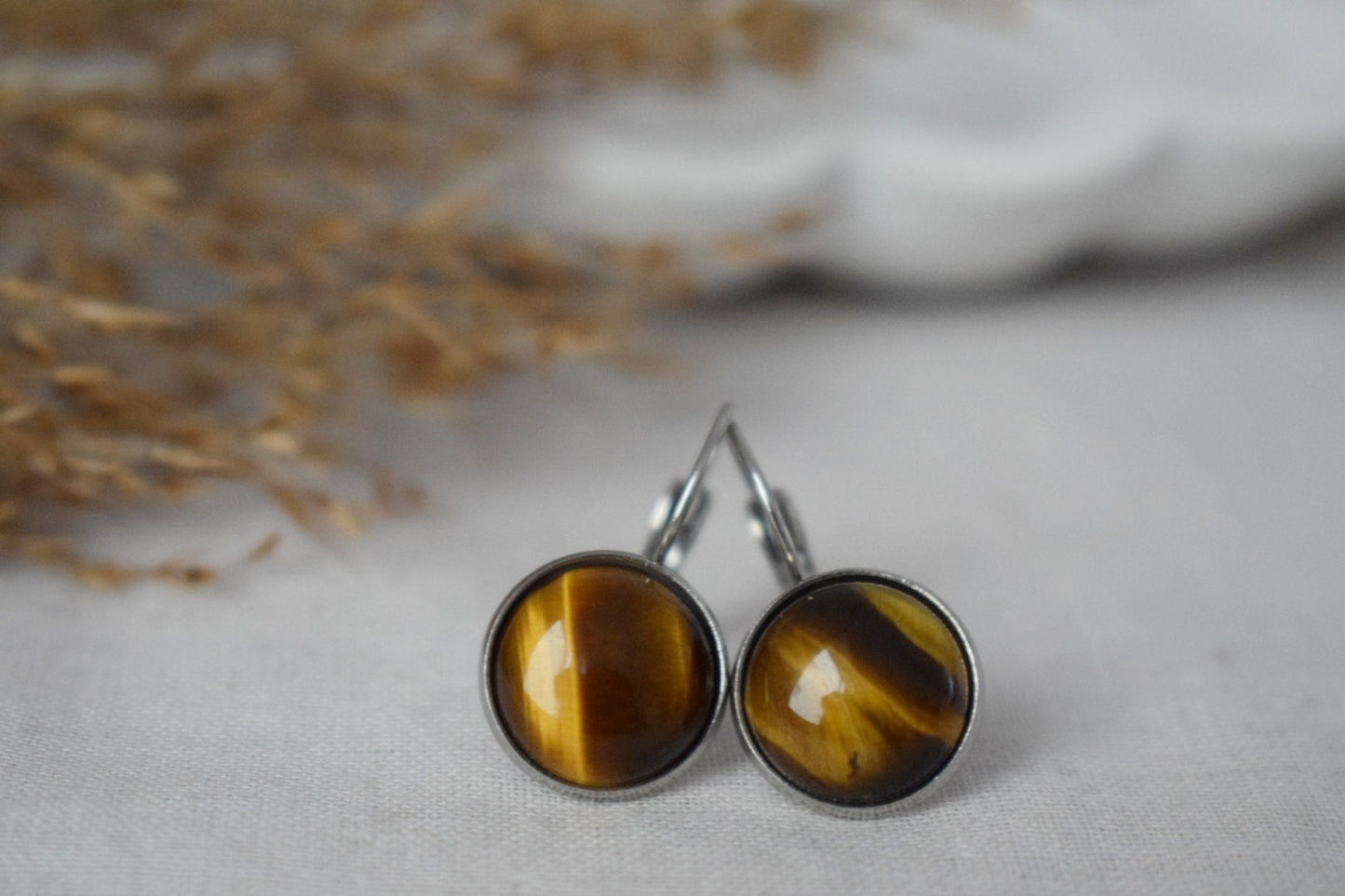 Tigers eye dangle earrings with 12mm round stainless steel lever back earrings, Gemstone jewelry gift for her, Best mother's day gift