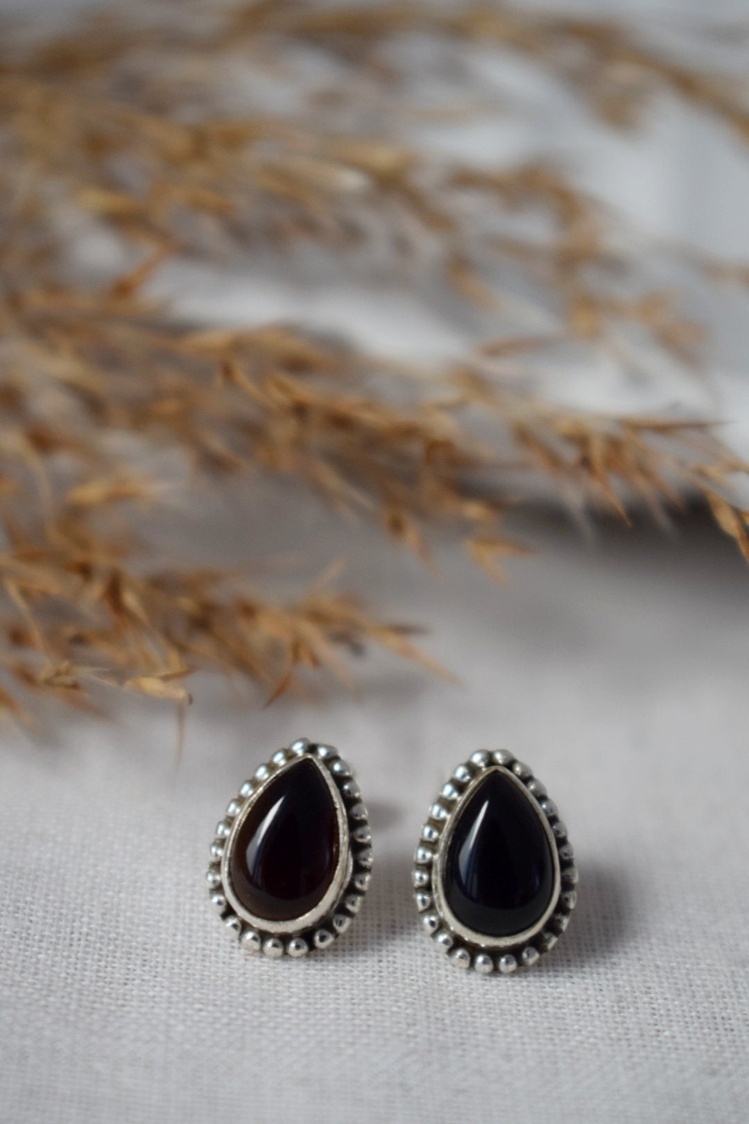 Mother's day gifts, Boho Black Onyx Stud Earrings, Teardrop Natural Stone Sterling Silver Handmade Jewelry, Ornament Gemstone Gothic Studs