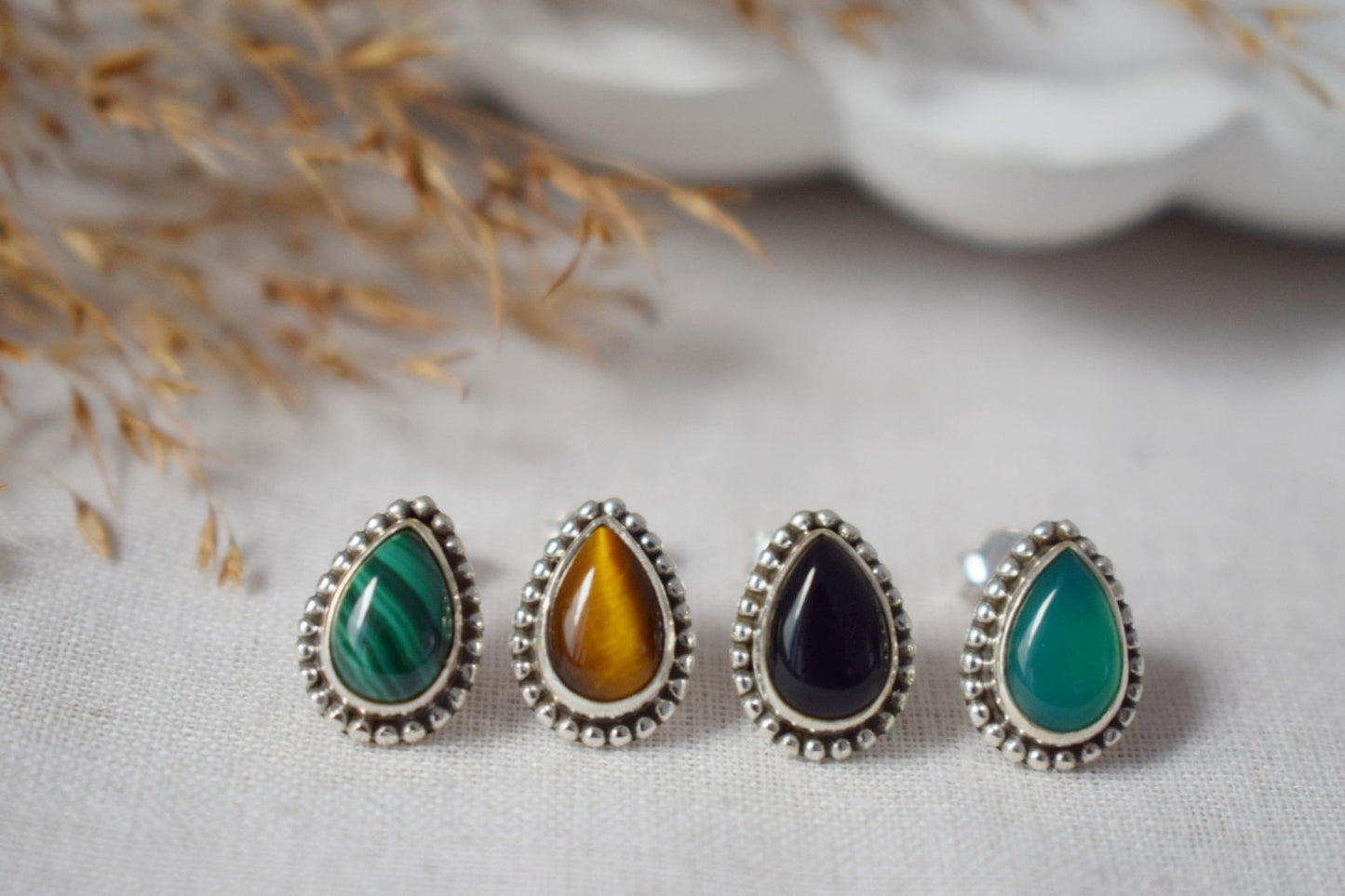 Mother's day gifts, Boho Black Onyx Stud Earrings, Teardrop Natural Stone Sterling Silver Handmade Jewelry, Ornament Gemstone Gothic Studs