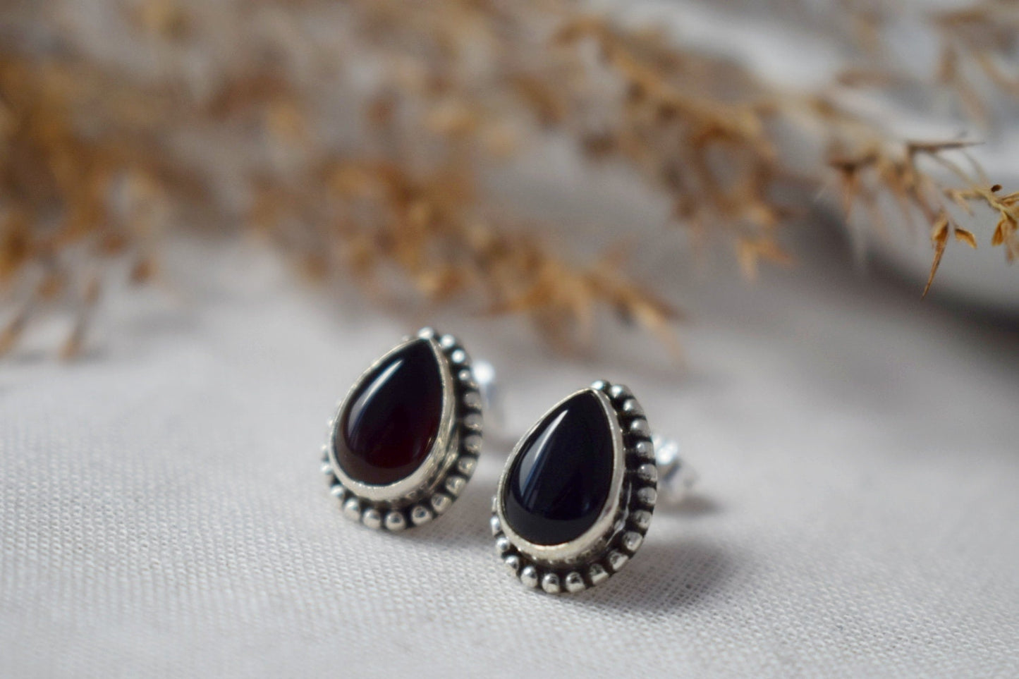 Mother's day gifts, Boho Black Onyx Stud Earrings, Teardrop Natural Stone Sterling Silver Handmade Jewelry, Ornament Gemstone Gothic Studs