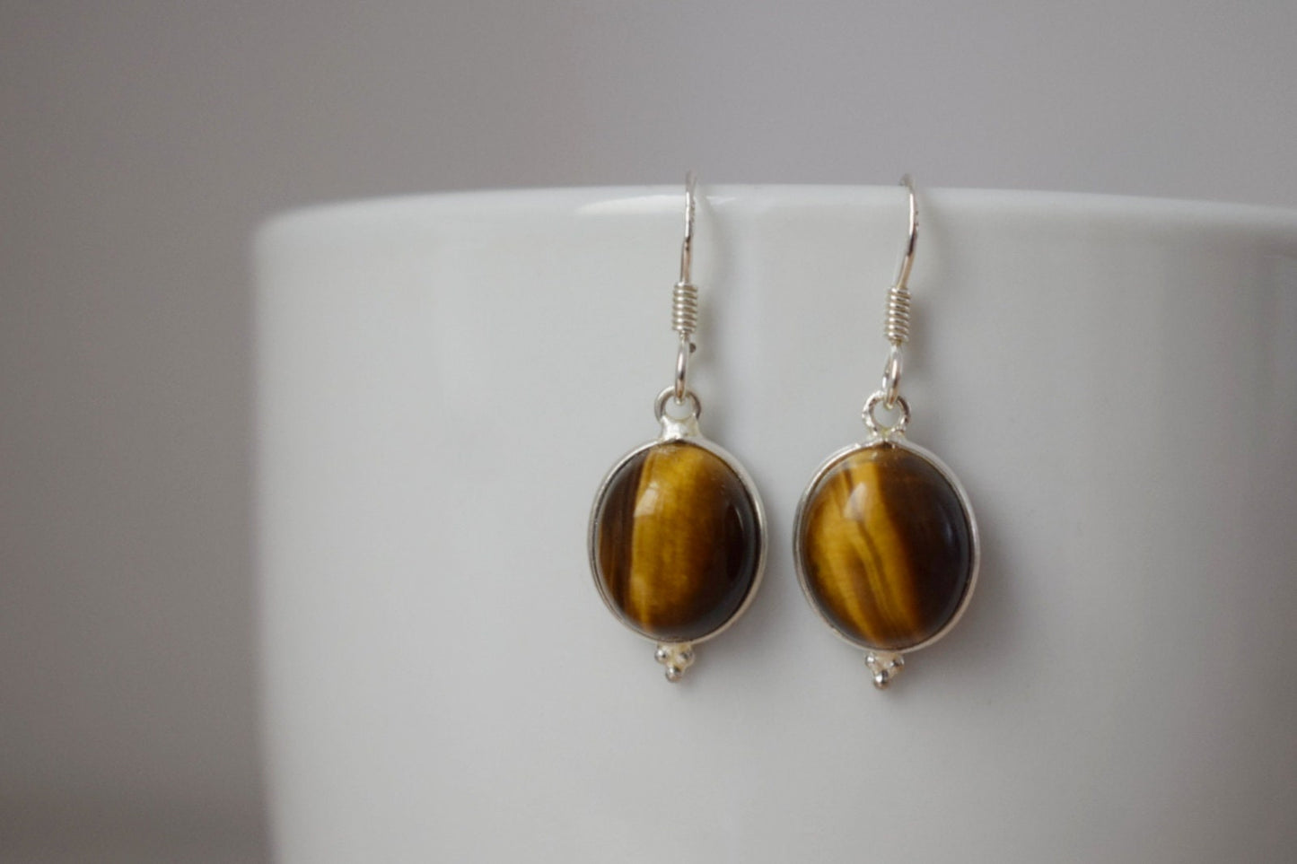 Tiger's eye earrings, Sterling silver gemstone jewelry, Oval natural stone, Lightweight dangle earrings, Unique mother's day gift for her