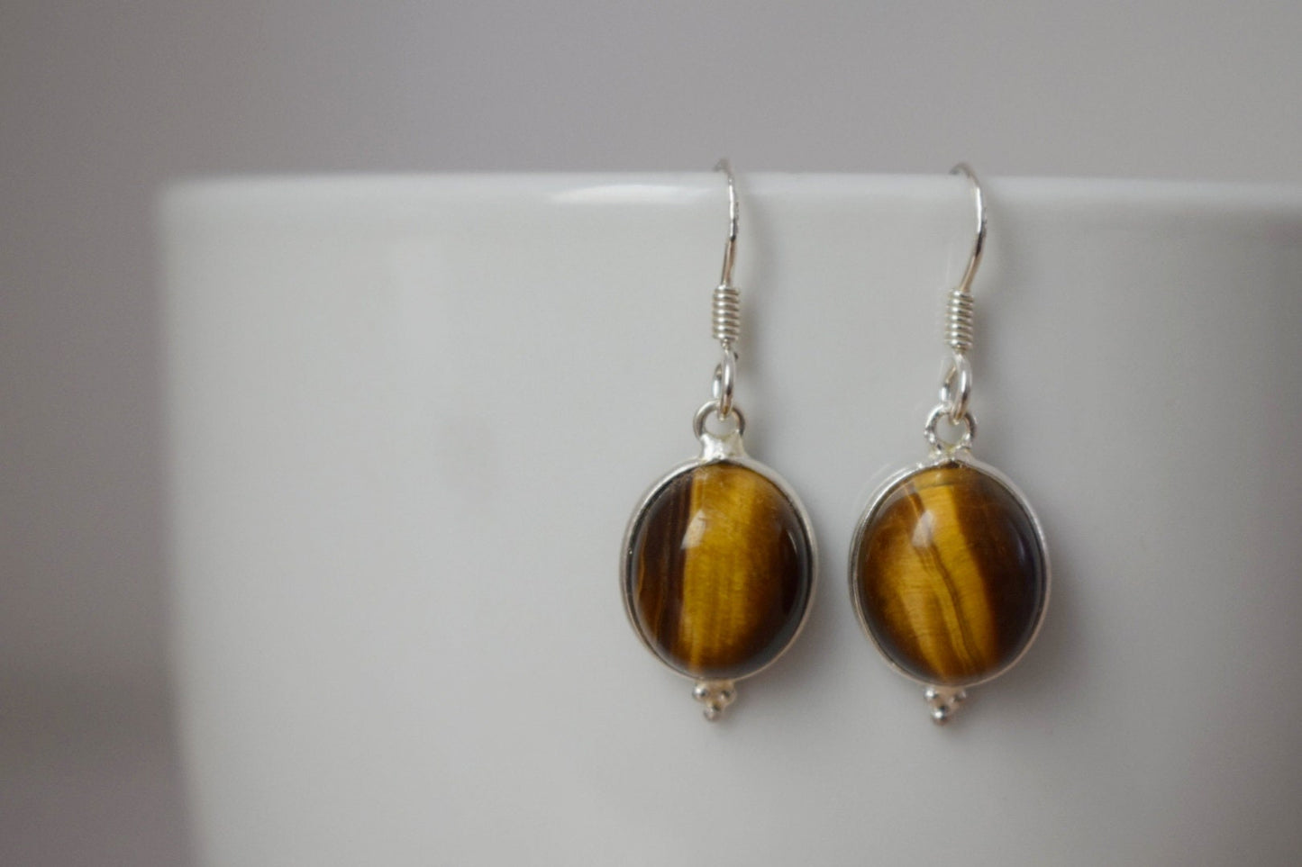 Tiger's eye earrings, Sterling silver gemstone jewelry, Oval natural stone, Lightweight dangle earrings, Unique mother's day gift for her