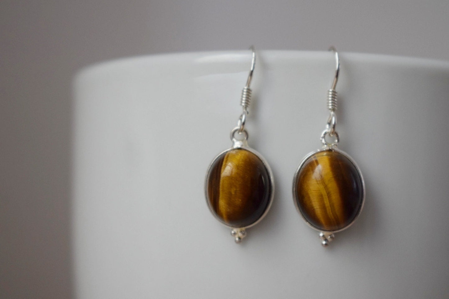 Tiger's eye earrings, Sterling silver gemstone jewelry, Oval natural stone, Lightweight dangle earrings, Unique mother's day gift for her