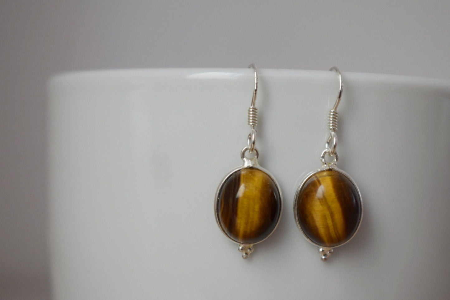 Tiger's eye earrings, Sterling silver gemstone jewelry, Oval natural stone, Lightweight dangle earrings, Unique mother's day gift for her