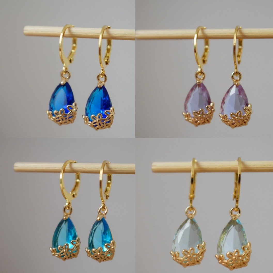 Sky blue rhinestone teardrop earrings with 24k gold plated stainless steel huggie hoops, Minimalist ornament jewelry