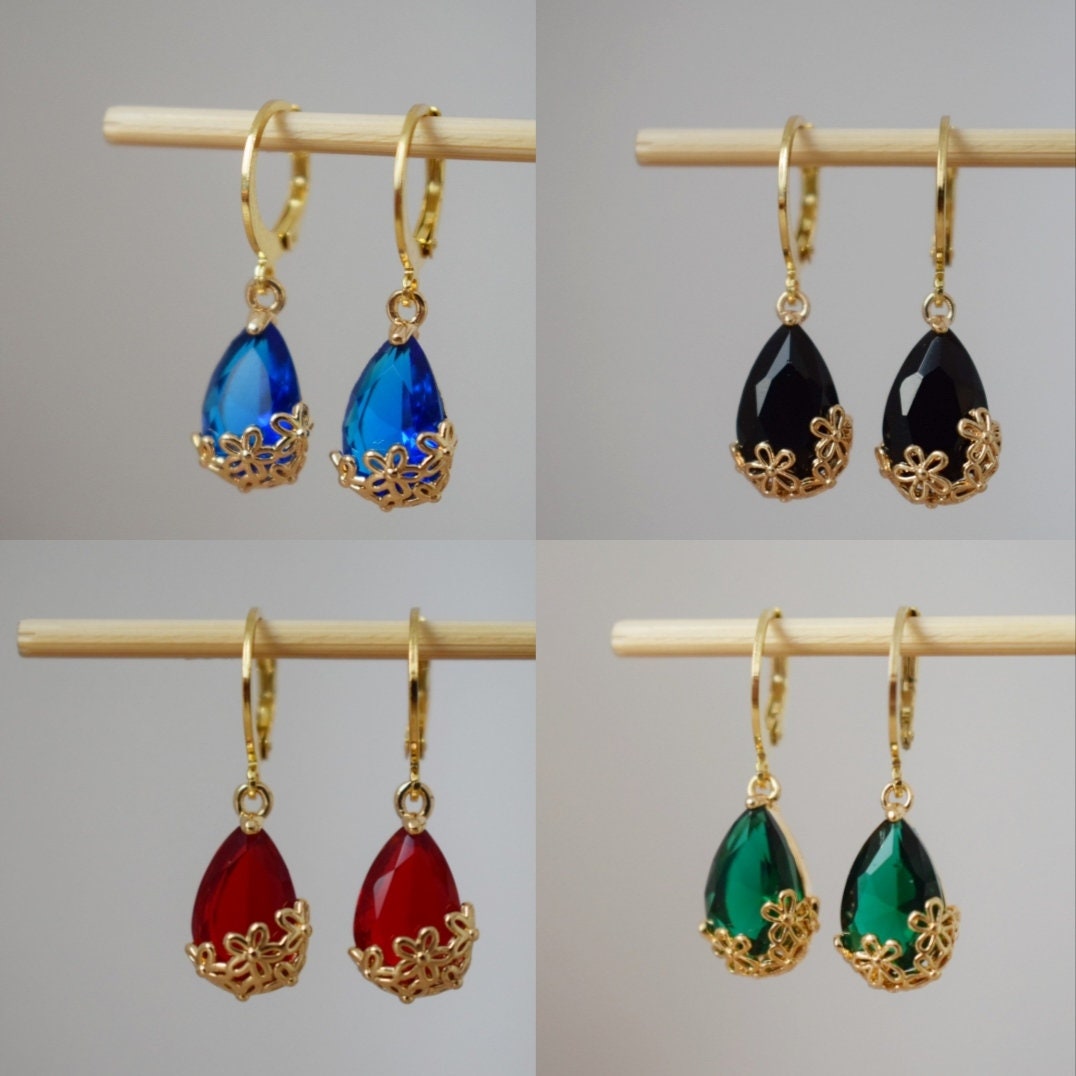 Sky blue rhinestone teardrop earrings with 24k gold plated stainless steel huggie hoops, Minimalist ornament jewelry