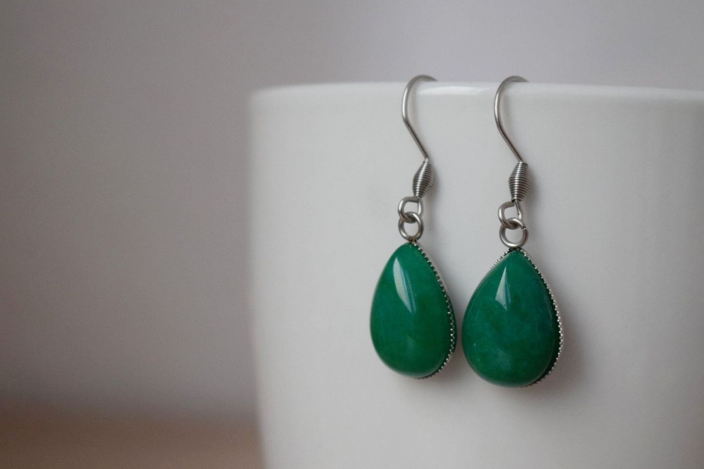 Green jade teardrop earrings, Gemstone dangle and drop hanging earrings, Jade jewelry, Gift for womenBest christmas gift