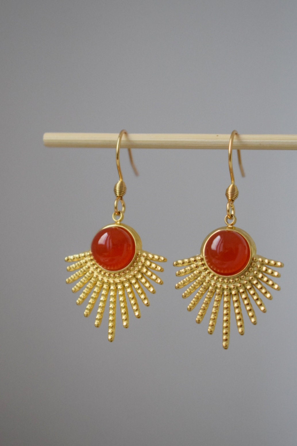 Red agate earrings with 18k gold plated stainless steel sun rays pendant and stainless steel earrings hooks, Sunburst, Celestial jewelry