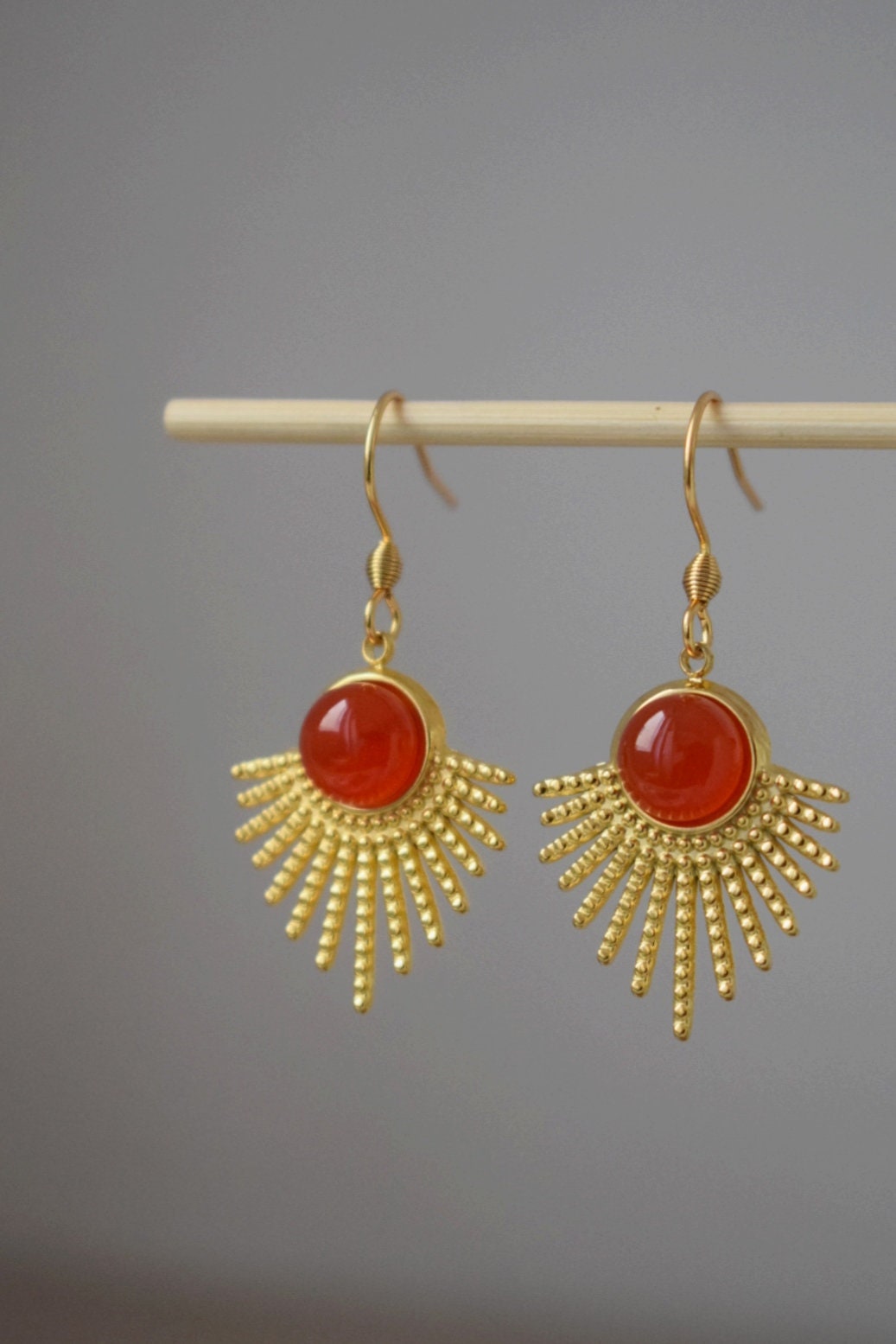 Red agate earrings with 18k gold plated stainless steel sun rays pendant and stainless steel earrings hooks, Sunburst, Celestial jewelry