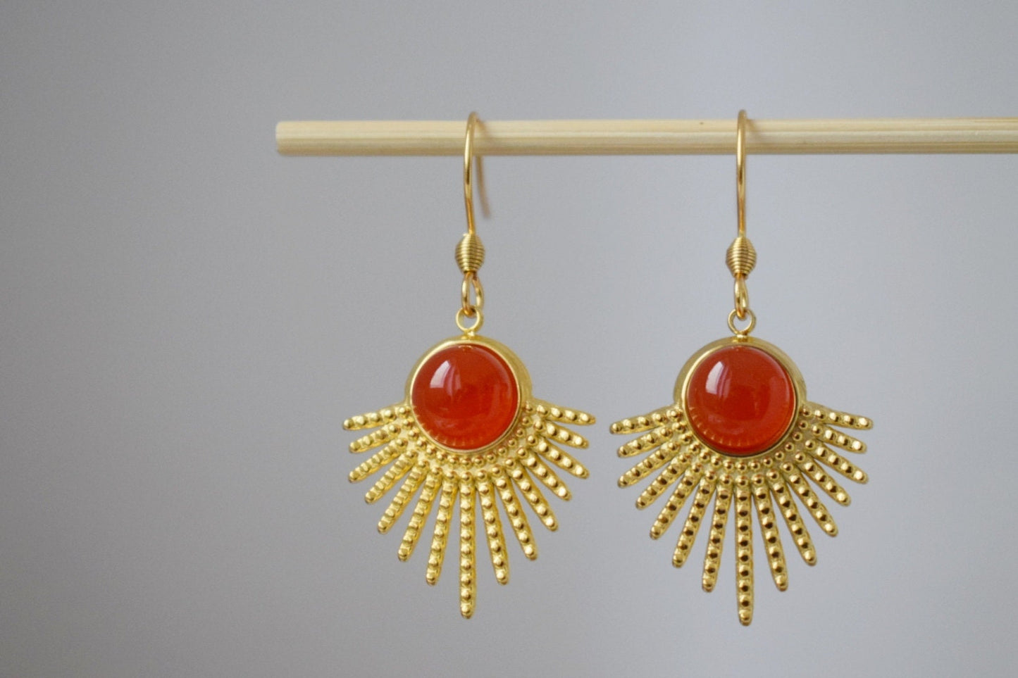 Red agate earrings with 18k gold plated stainless steel sun rays pendant and stainless steel earrings hooks, Sunburst, Celestial jewelry