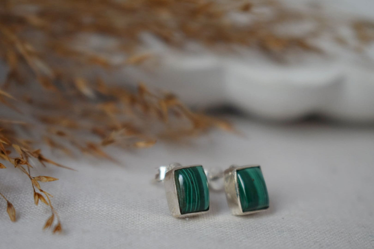 Small Natural Malachite Stud Earrings,  Sterling Silver Rectangle Post Earrings, Green Gemstone Birthstone, Handmade Silver Jewelry Gift her