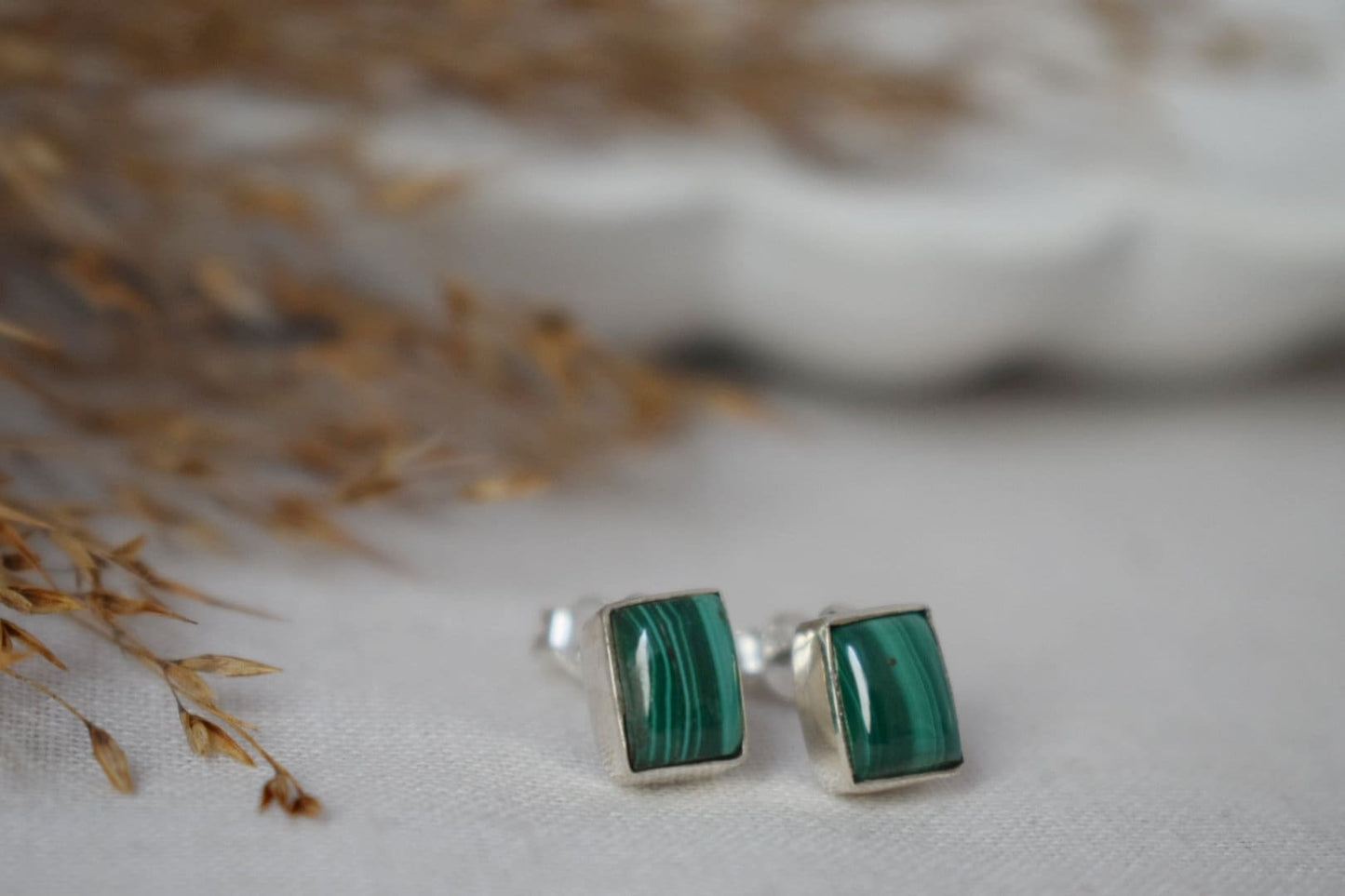 Small Natural Malachite Stud Earrings,  Sterling Silver Rectangle Post Earrings, Green Gemstone Birthstone, Handmade Silver Jewelry Gift her