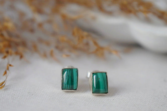 Small Natural Malachite Stud Earrings,  Sterling Silver Rectangle Post Earrings, Green Gemstone Birthstone, Handmade Silver Jewelry Gift her