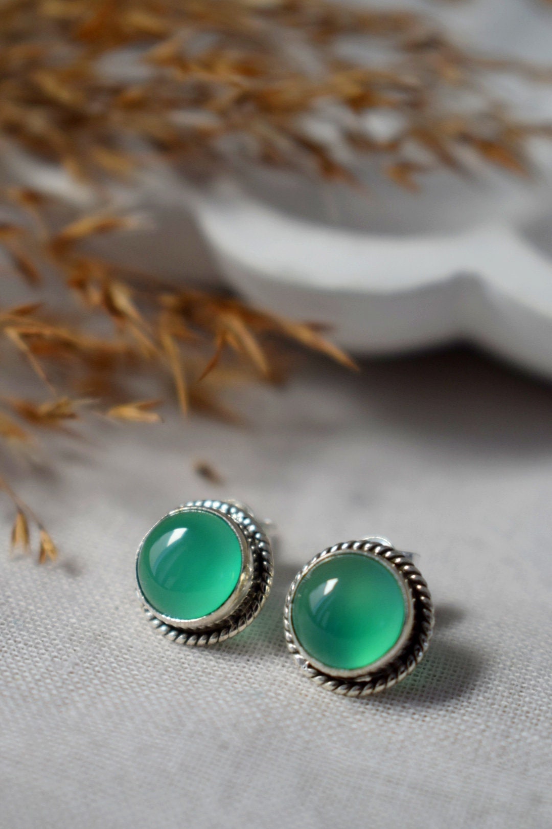 Green Onyx Stud Earrings Sterling Silver, Small Round Gemstone Push Back Earrings, Natural stone, Minimalist Earrings, Handmade Jewelry