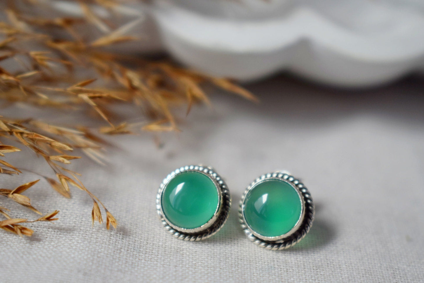 Green Onyx Stud Earrings Sterling Silver, Small Round Gemstone Push Back Earrings, Natural stone, Minimalist Earrings, Handmade Jewelry