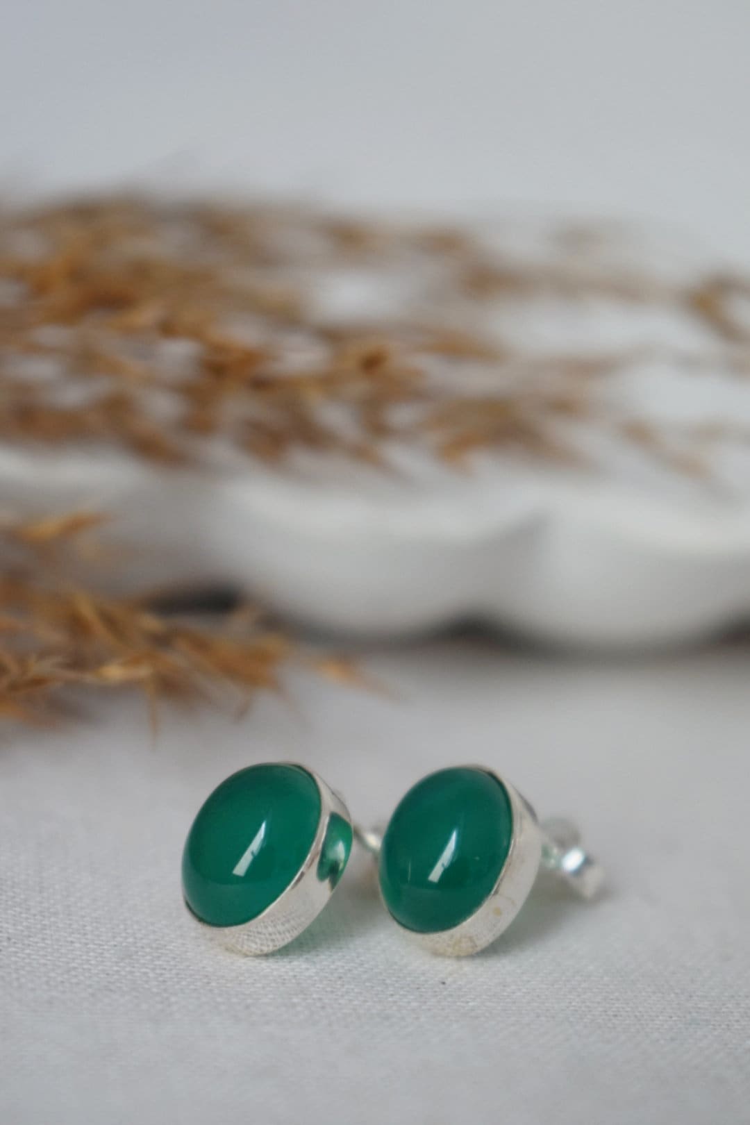 Green Onyx Stud Earrings Sterling Silver, Small Oval Gemstone Push Back Earrings, Birthstone 925 Silver Jewelry, Best Christmas gift