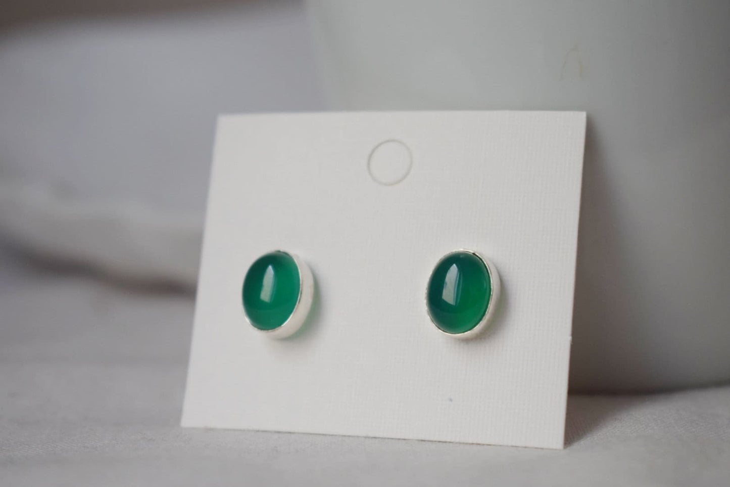 Green Onyx Stud Earrings Sterling Silver, Small Oval Gemstone Push Back Earrings, Birthstone 925 Silver Jewelry, Best Christmas gift