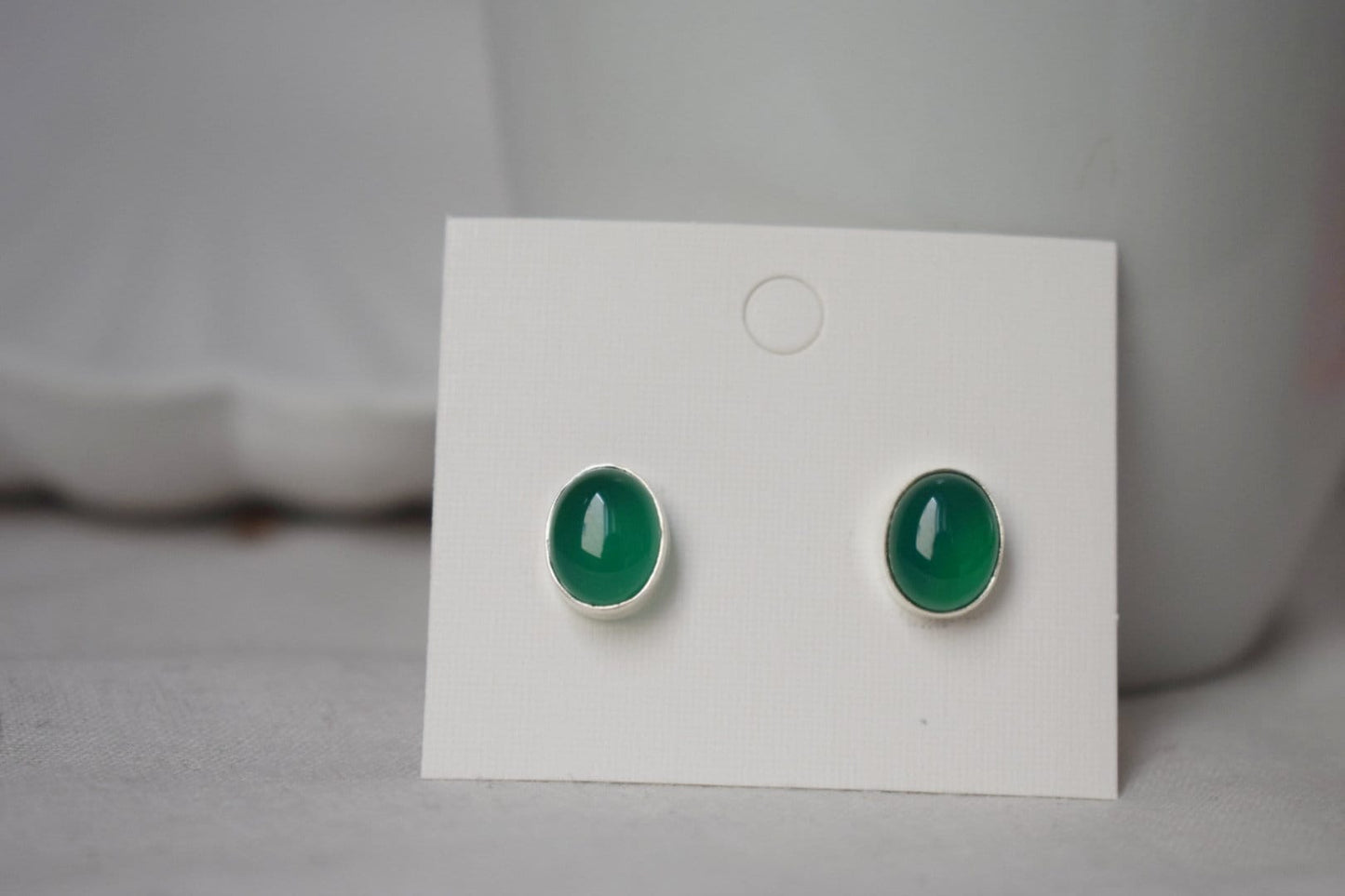 Green Onyx Stud Earrings Sterling Silver, Small Oval Gemstone Push Back Earrings, Birthstone 925 Silver Jewelry, Best Christmas gift