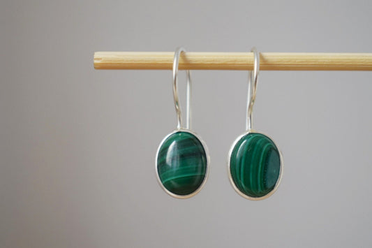Malachite earrings sterling silver, Small oval green gemstone dangle earrings, Natural stone, Unique birthstone jewelry, Christmas gift