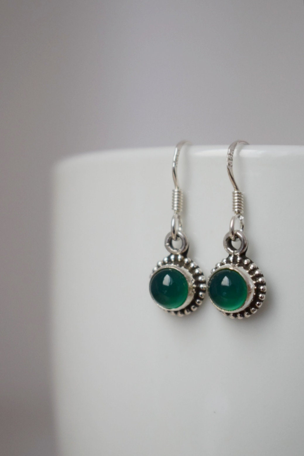 Green onyx earrings, 925 sterling silver jewelry, Round natural gemstone, Ornament boho earrings, Unique best mothers day gift for her