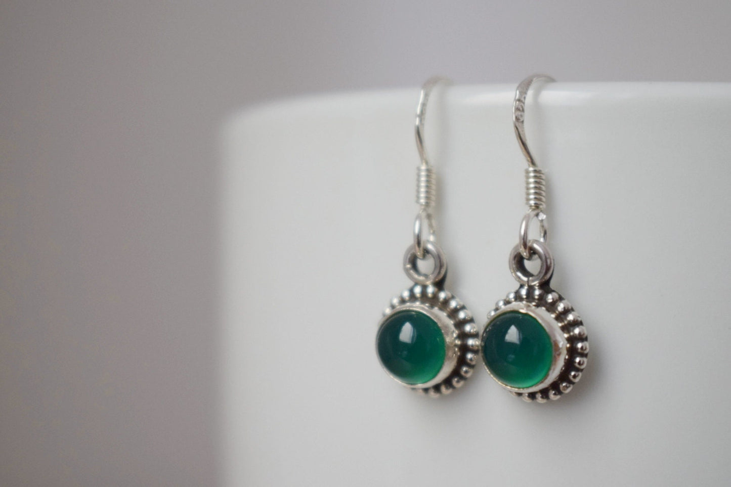Green onyx earrings, 925 sterling silver jewelry, Round natural gemstone, Ornament boho earrings, Unique best mothers day gift for her