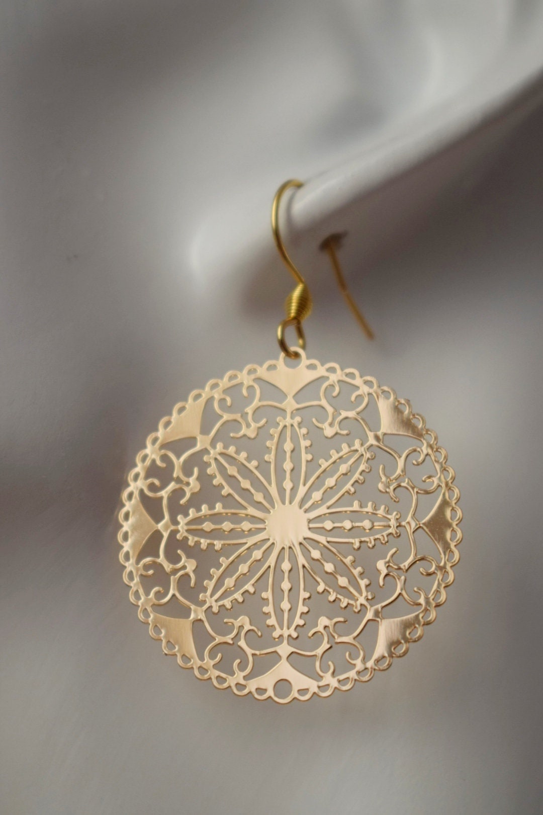 Ornament earrings for women, Mandala gold earrings, Stainless steel earrings, Boho filigree flower earrings, Mandala jewelry, Gift for her