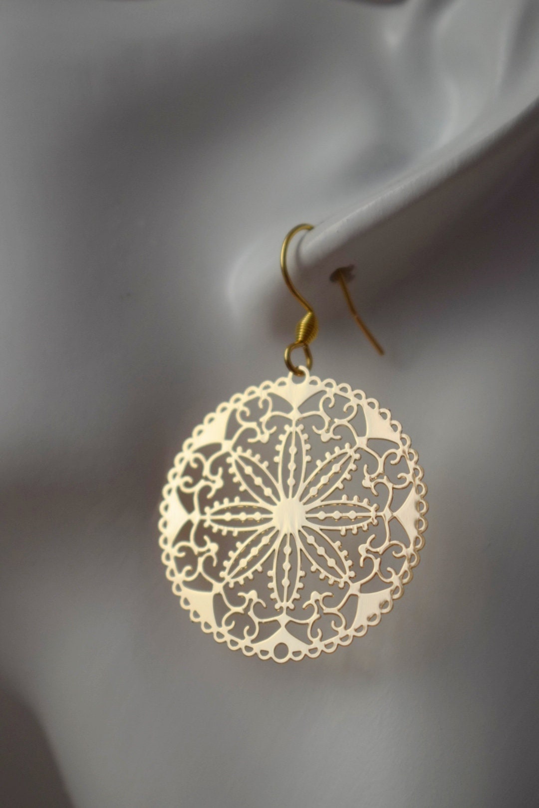 Ornament earrings for women, Mandala gold earrings, Stainless steel earrings, Boho filigree flower earrings, Mandala jewelry, Gift for her