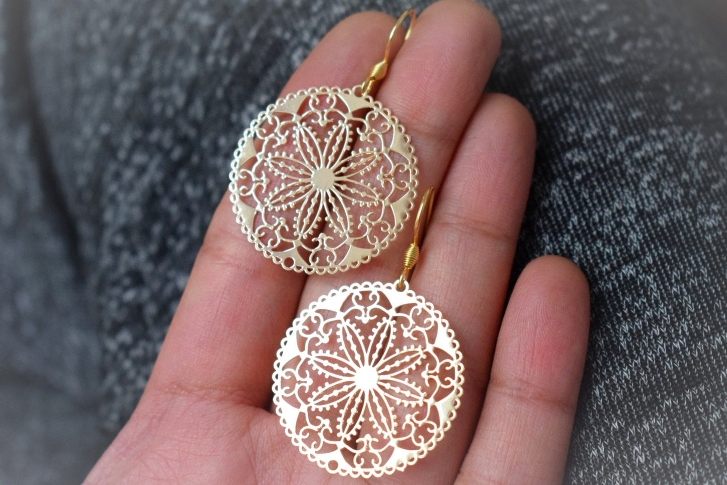 Ornament earrings for women, Mandala gold earrings, Stainless steel earrings, Boho filigree flower earrings, Mandala jewelry, Gift for her