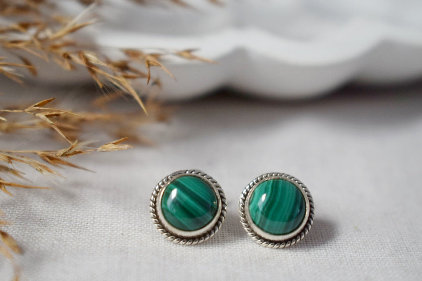 Natural Malachite Stud Earrings, 925 Sterling Silver Ornament Studs, Round Green Gemstone, Birthstone Jewelry, Handmade Gift for Her