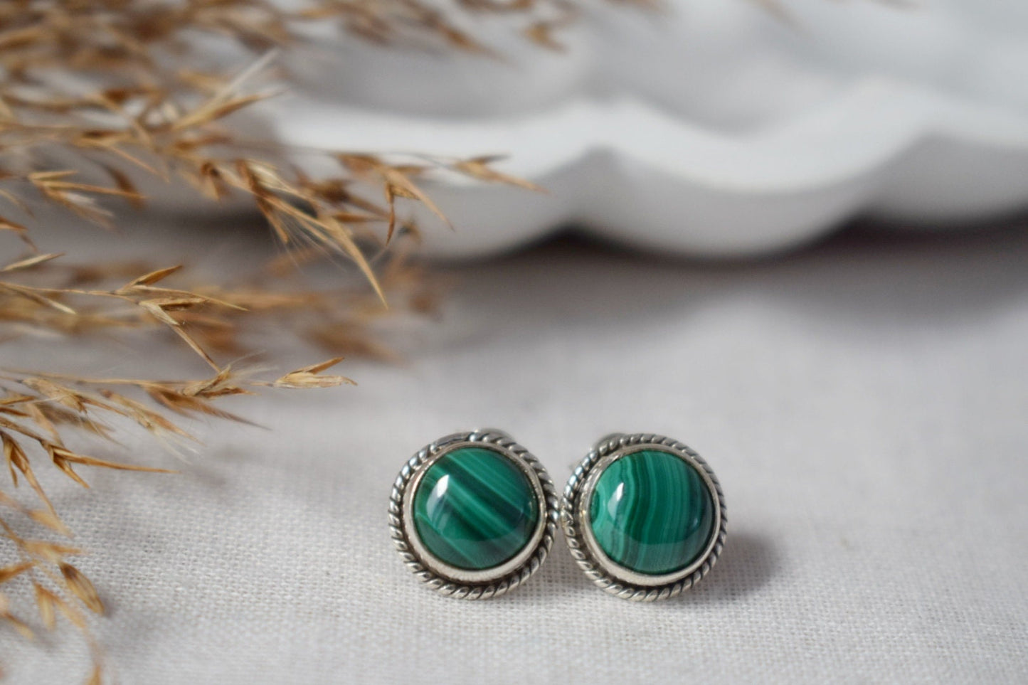 Natural Malachite Stud Earrings, 925 Sterling Silver Ornament Studs, Round Green Gemstone, Birthstone Jewelry, Handmade Gift for Her