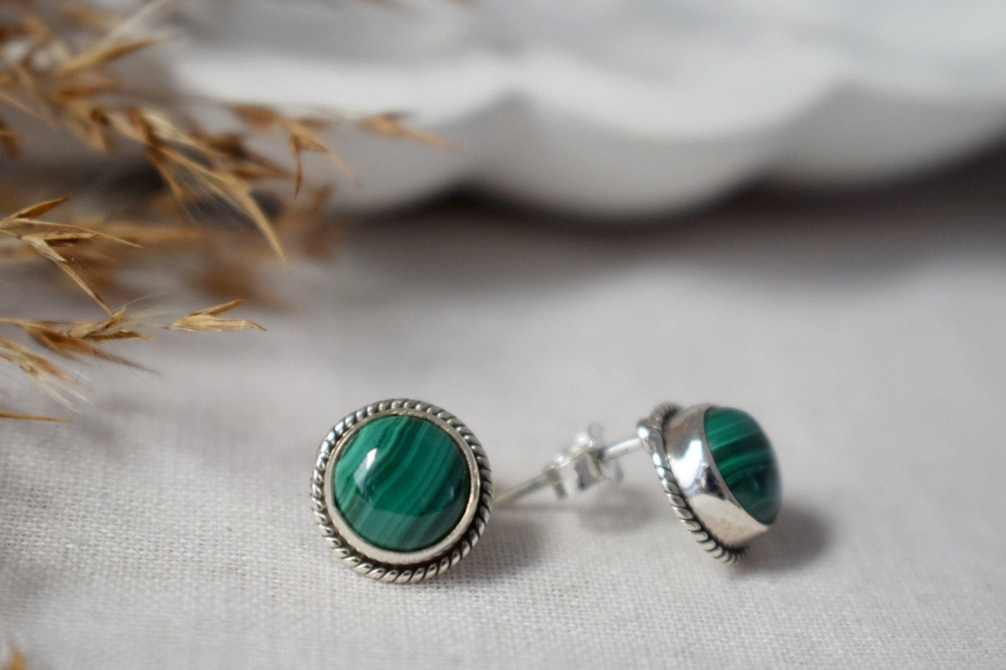 Natural Malachite Stud Earrings, 925 Sterling Silver Ornament Studs, Round Green Gemstone, Birthstone Jewelry, Handmade Gift for Her
