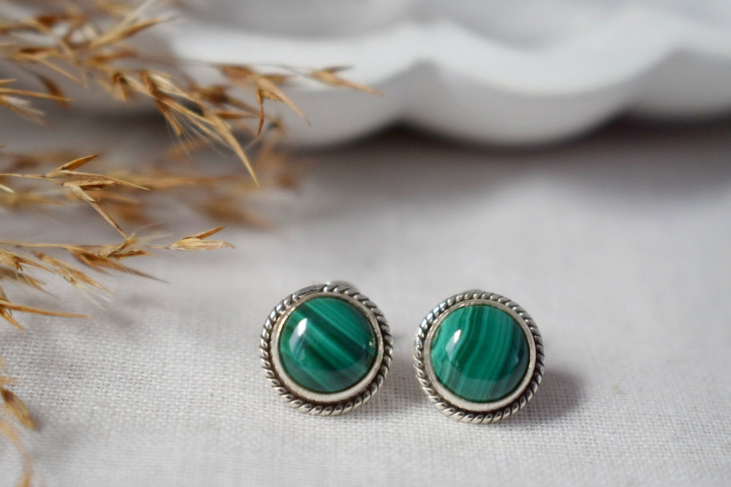 Natural Malachite Stud Earrings, 925 Sterling Silver Ornament Studs, Round Green Gemstone, Birthstone Jewelry, Handmade Gift for Her