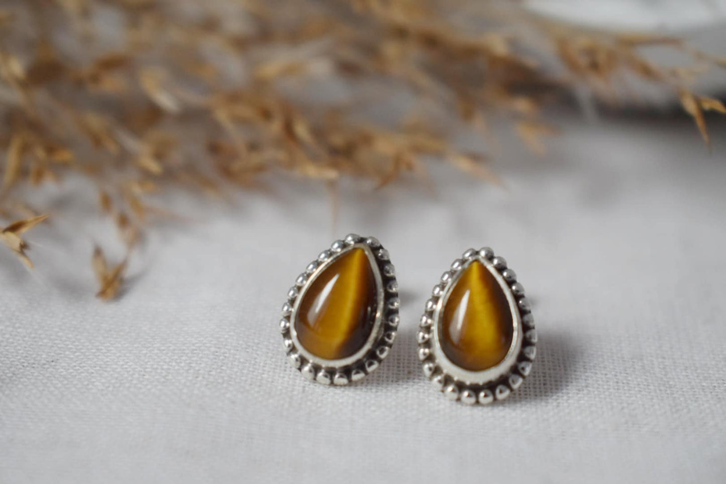 Teardrop Tiger's Eye Stud Earrings, 925 Sterling Silver, Small Brown Gemstone Jewelry, Natural Healing Chakra Stone, Handmade jewelry gift