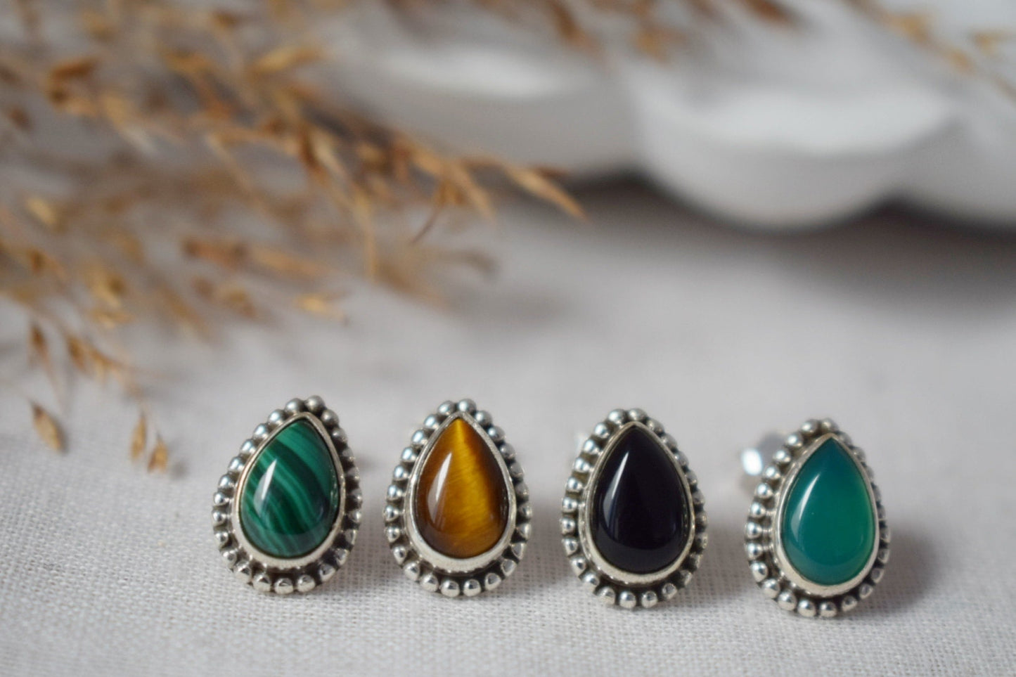 Teardrop Malachite Stud Earrings in 925 Sterling Silver, Small Drop Gemstone, Natural stone, Green Boho Jewelry, Valentine's Gift For Her