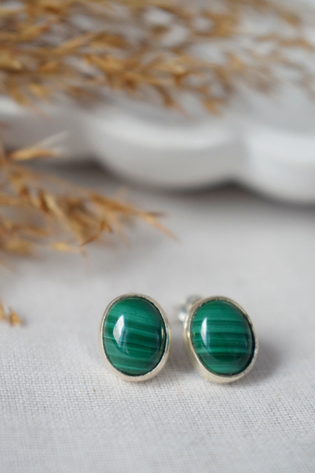 Christmas jewelry gifts, Malachite Stud Earrings, Green Gemstone, Sterling Silver Minimalist Jewelry, Natural stone, Birthstone, Gift For Women