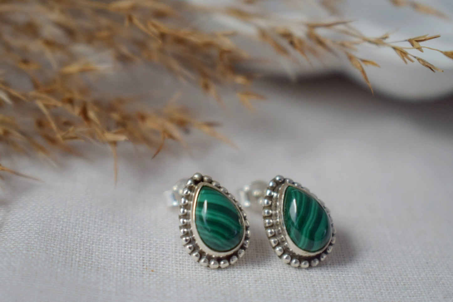 Teardrop Malachite Stud Earrings in 925 Sterling Silver, Small Drop Gemstone, Natural stone, Green Boho Jewelry, Valentine's Gift For Her