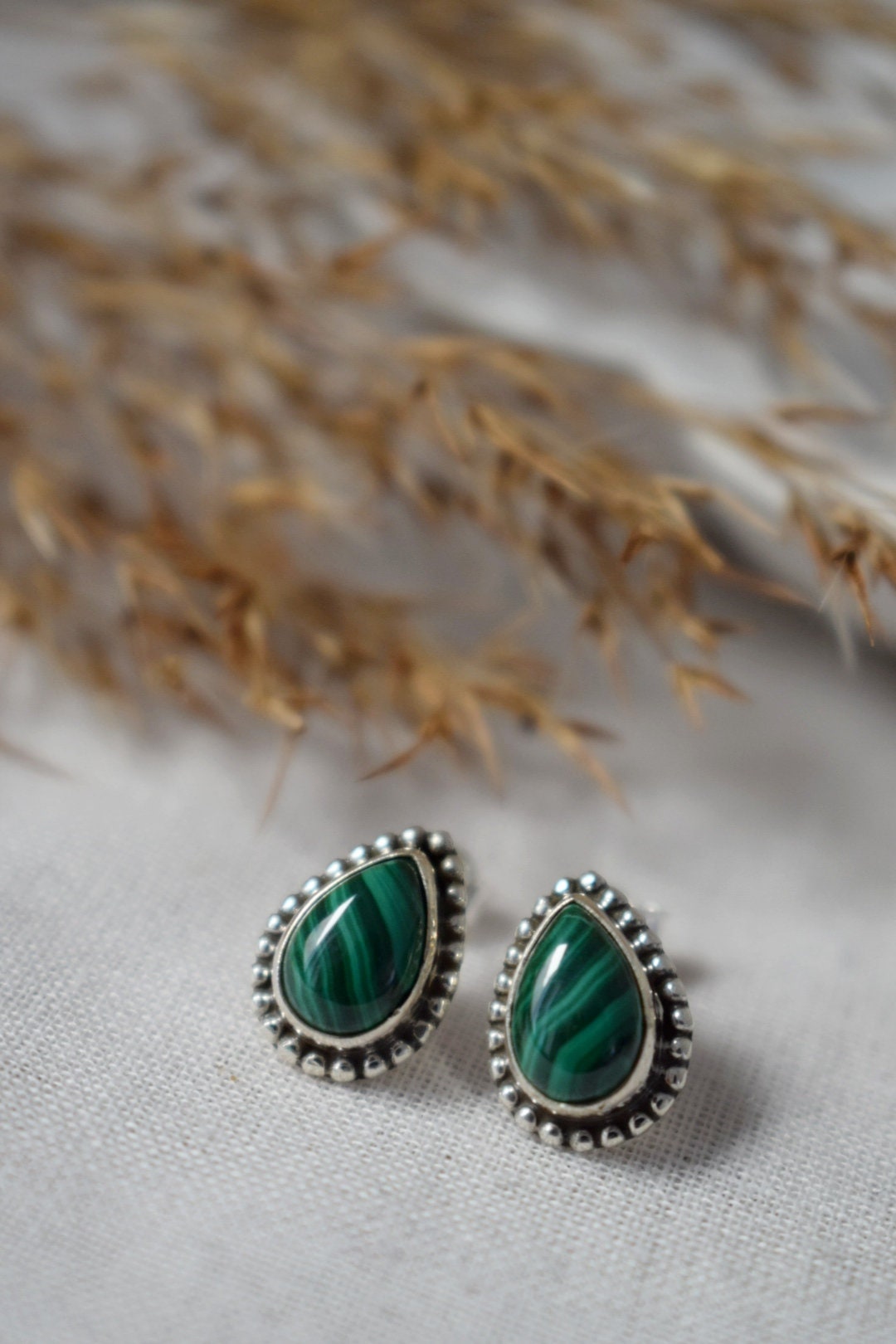 Teardrop Malachite Stud Earrings in 925 Sterling Silver, Small Drop Gemstone, Natural stone, Green Boho Jewelry, Valentine's Gift For Her