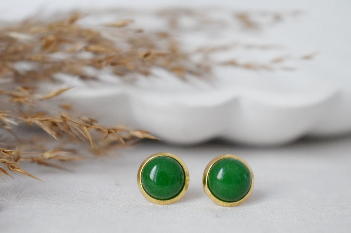 Green Jade Stud Earrings, 8mm Minimalist Gemstone Earrings, 18k Gold Plated Jewelry, Birthday Anniversary Gift For Her