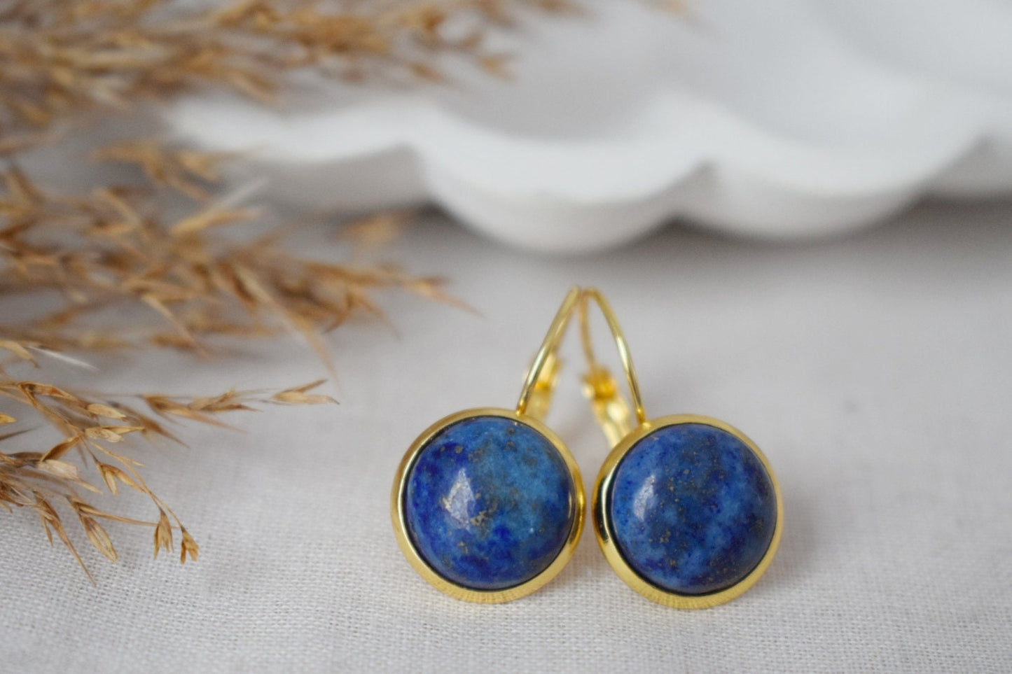 Lapis Lazuli Gold Earrings Dangle, Blue Lapis Earrings, Lever back earrings, Round, 12mm, September Birthstone Jewelry, Lapis, Gift for her