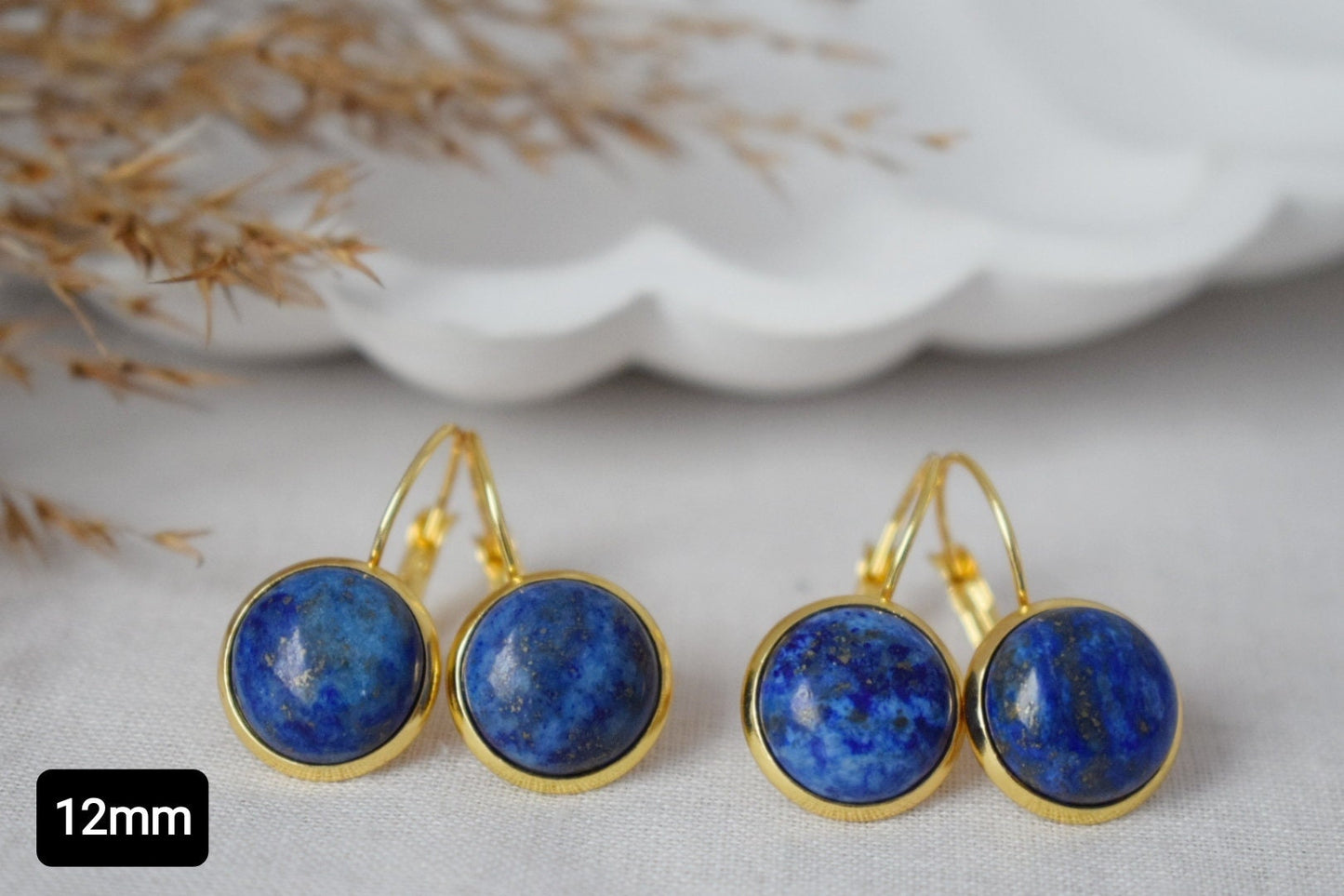 Lapis Lazuli Gold Earrings Dangle, Blue Lapis Earrings, Lever back earrings, Round, 12mm, September Birthstone Jewelry, Lapis, Gift for her