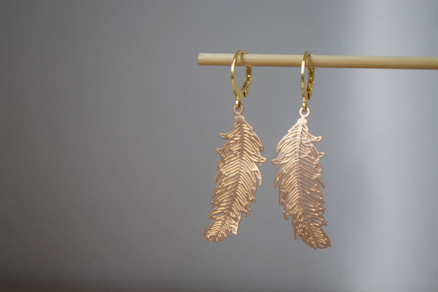 Feather gold earrings for women, Huggie hoop earrings, Stainless steel earrings, Boho filigree gold earrings, Feather jewelry, Gift for her